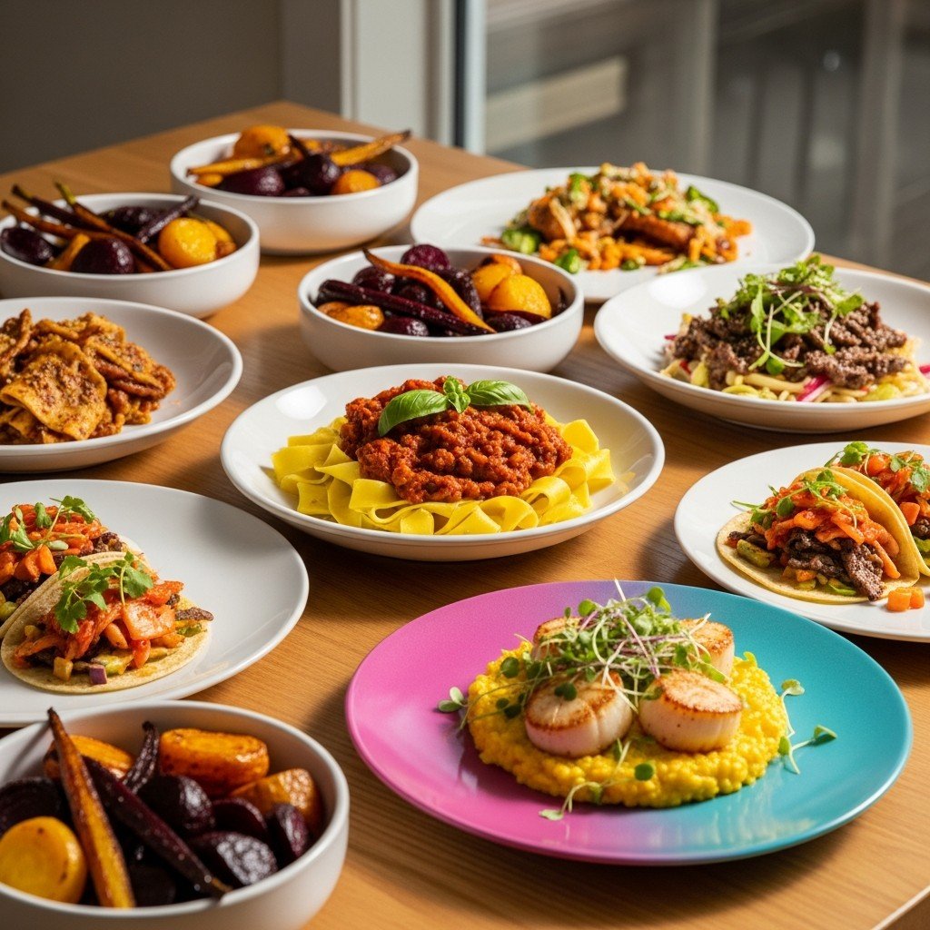 Unique dinner recipes with international fusion dishes on a modern dining table